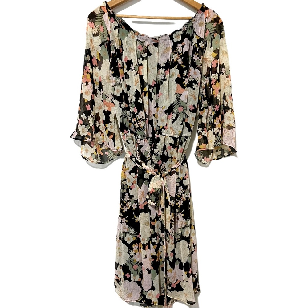 Lauren Conrad Size 1X Elegant Floral Black Midi Dress 3/4 Sleeves